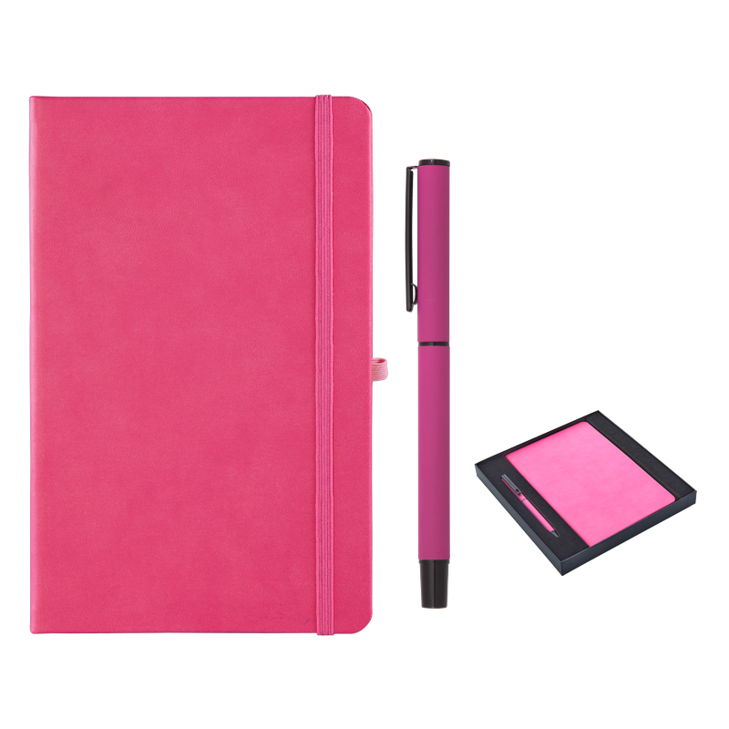 920-K Pembe Hediyelik Set - 13x21 Renkli Kenar Not Defteri Metal Rubber Gövde Roller Kalem