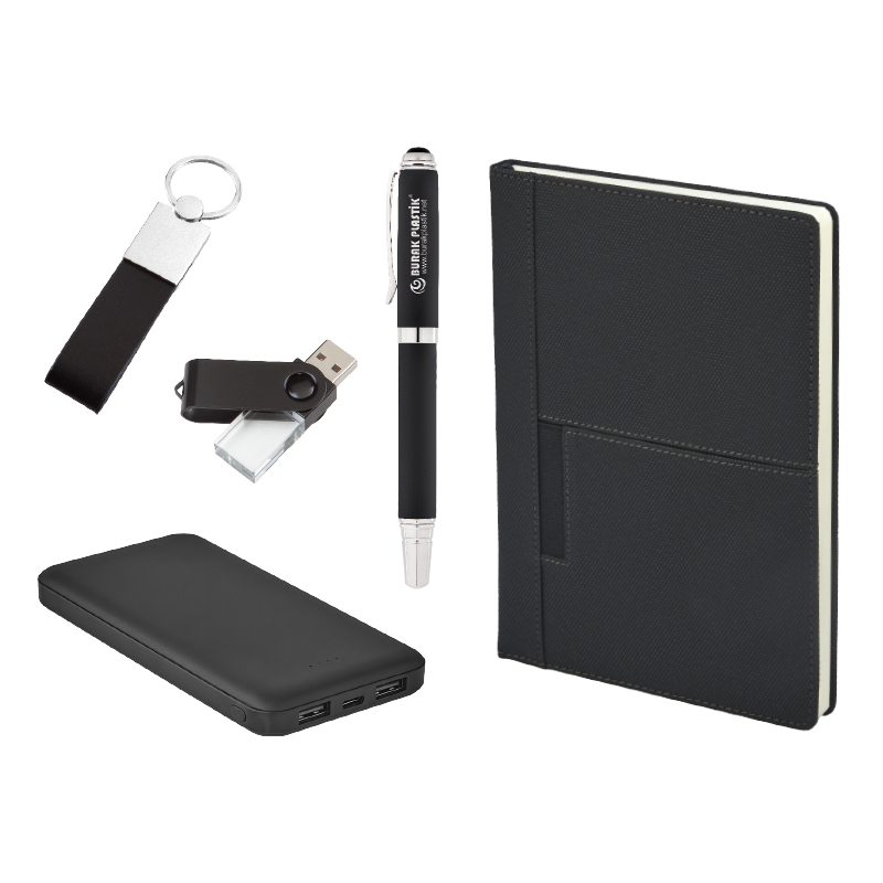 5068 Siyah Hediyelik Set - Powerbank - Defter - Kalem - Anahtarlık - USB Seti